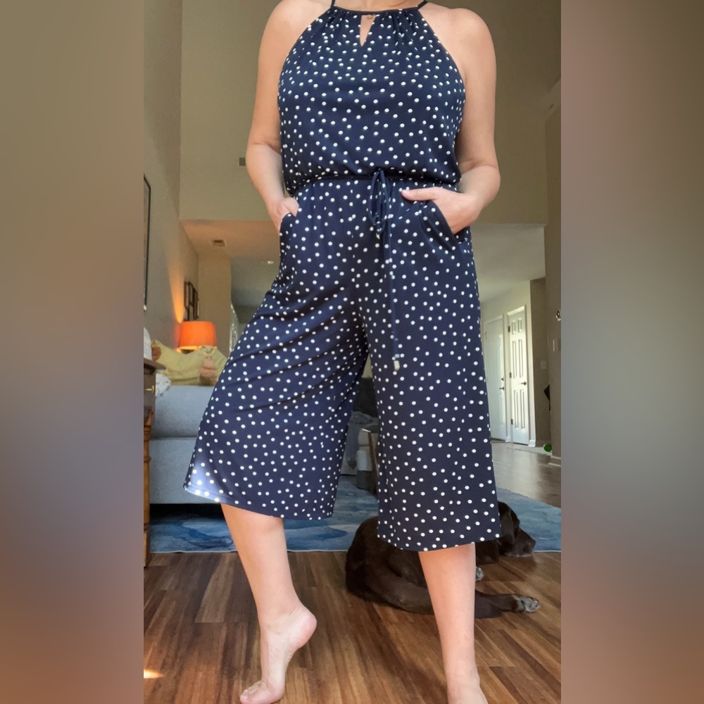 London Times jumpsuit size 12 navy and white polka dots. With pockets.